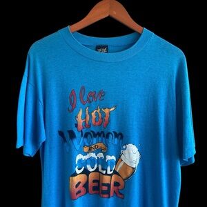 Vintage 80s Humor Art Tee Hot Women And Cold Beer VTG Top Half USA Single Stitch